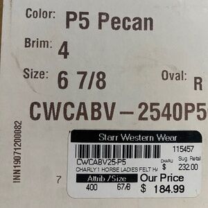 Charlie Horse cowgirl hat size 6 7/8